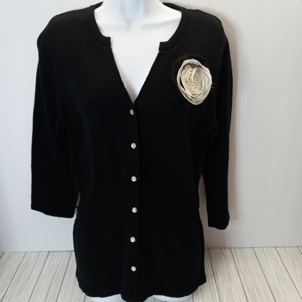 Wrapper Preppy Dark Academia Black Cardigan with White Beaded Floral Accent